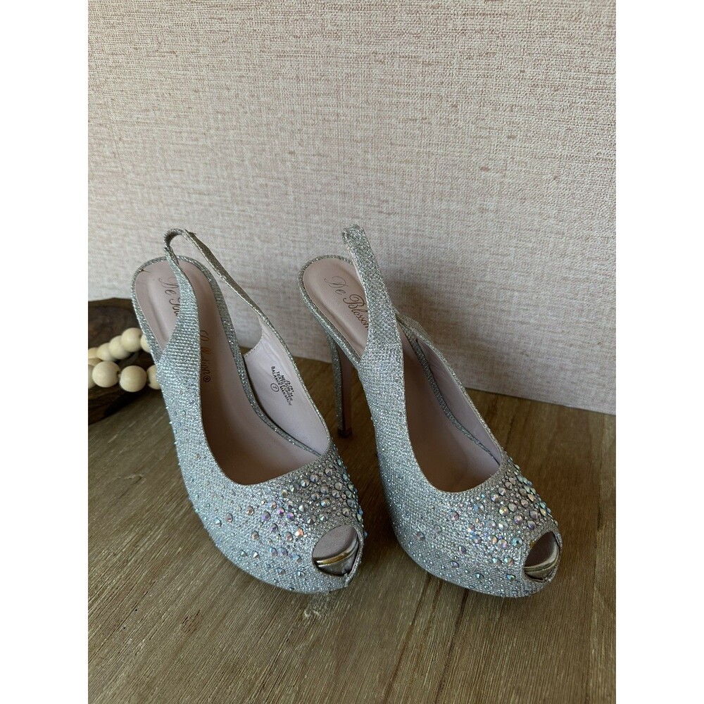 De Blossom Nelson-34 Silver Sparkle Platform Heels Size 7 Peep Toe Slingback